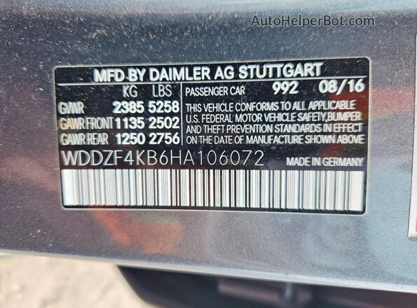 WDDZF4KB6HA106072 2017 MERCEDES-BENZ E Gray Vista de la etiqueta del VIN