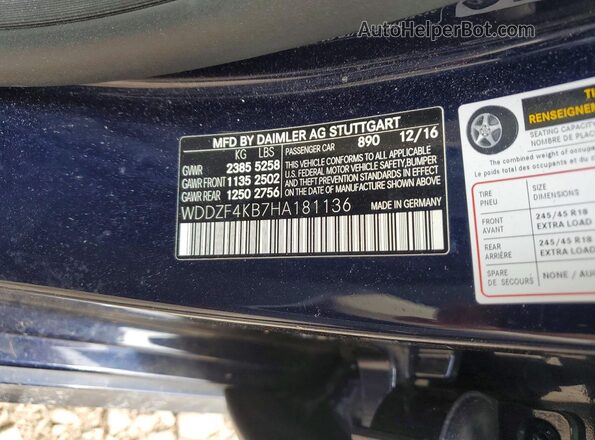 WDDZF4KB7HA181136 2017 MERCEDES-BENZ E Blue VIN კოდის სტიკერის ხედი