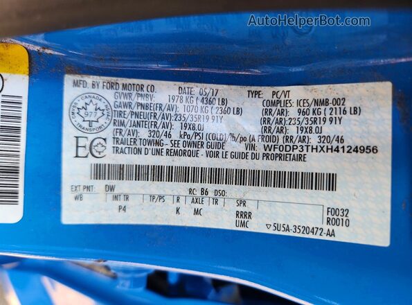 WF0DP3THXH4124956 2017 FORD FOCUS Синий Вид наклейки с VIN-кодом