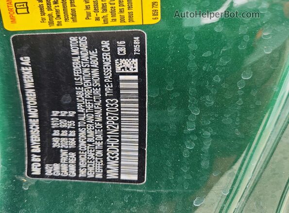 WMW33DH01N2P87033 2022 MINI COOPER Green VIN sticker view