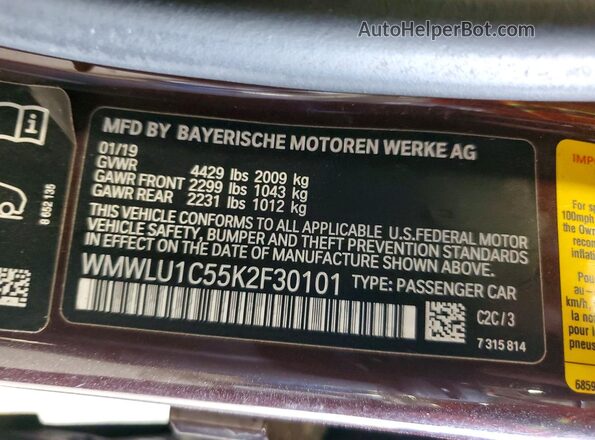 WMWLU1C55K2F30101 2019 MINI COOPER Темно-бордовый 