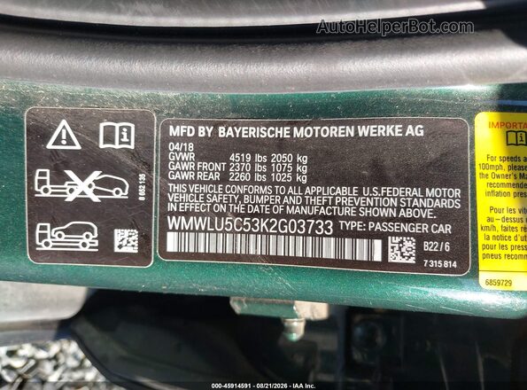 WMWLU5C53K2G03733 2019 MINI CLUBMAN Green Engine compartment view