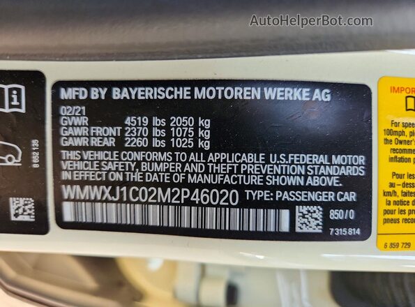 WMWXJ1C02M2P46020 2021 MINI COOPER Beige VIN კოდის სტიკერის ხედი