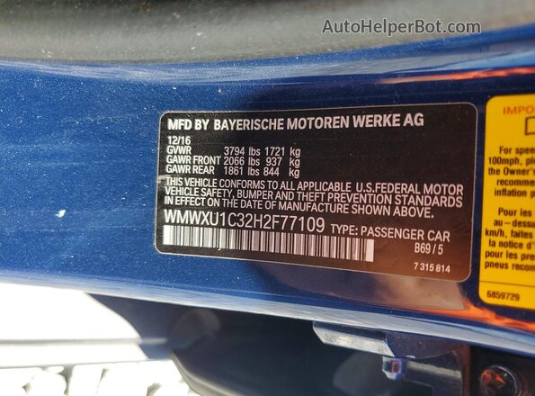 WMWXU1C32H2F77109 2017 MINI COOPER Blue Widok naklejki z numerem VIN