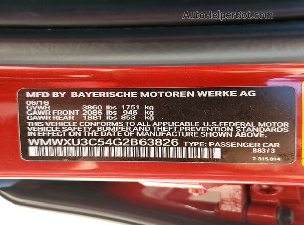 WMWXU3C54G2B63826 2016 MINI COOPER Red Engine compartment view