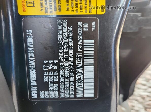 WMWZB3C5XGWM33551 2016 MINI COOPER Black Вид наклейки з VIN-кодом