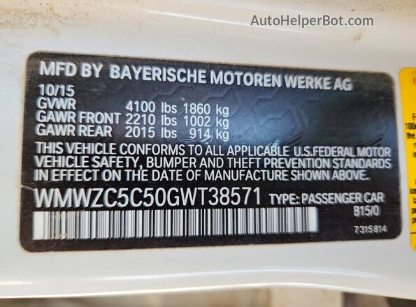 WMWZC5C50GWT38571 2016 MINI COOPER White ძრავის განყოფილების ხედი