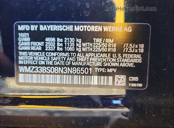 WMZ33BS08N3N86501 2022 MINI COOPER Blue VIN კოდის სტიკერის ხედი