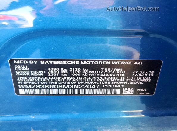 WMZ83BR08M3N22047 2021 MINI COOPER Blue Widok wnętrza 360 stopni