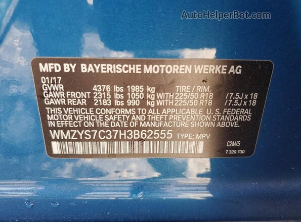 WMZYS7C37H3B62555 2017 MINI COOPER Blue Vista del compartimento del motor