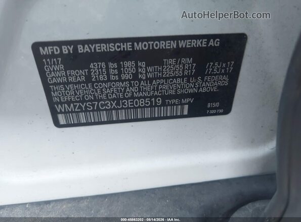 WMZYS7C3XJ3E08519 2018 MINI COUNTRYMAN White ძრავის განყოფილების ხედი