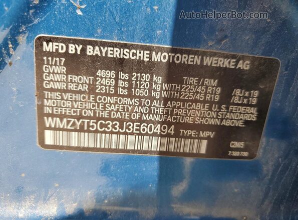 WMZYT5C33J3E60494 2018 MINI COOPER Blue Вид підкапотного простору