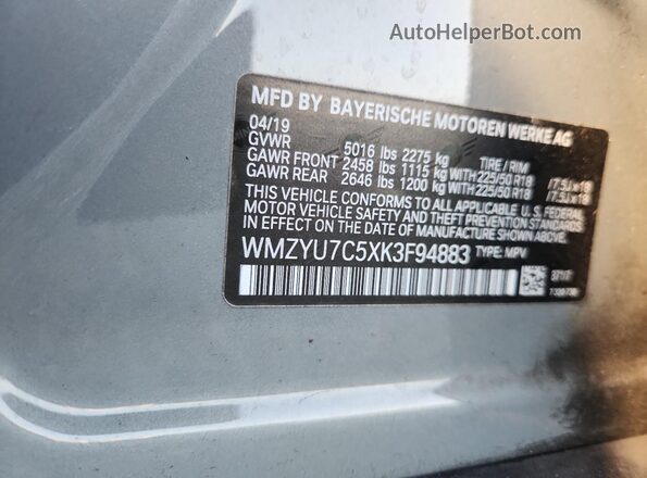 WMZYU7C5XK3F94883 2019 MINI COOPER Gray ძრავის განყოფილების ხედი