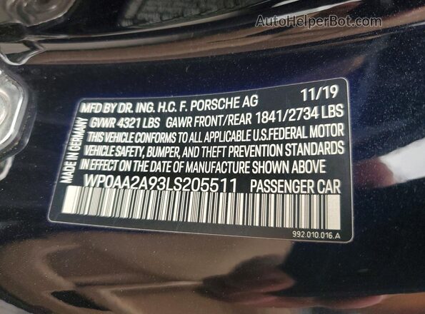 WP0AA2A93LS205511 2020 PORSCHE 911 Черный Вид наклейки с VIN-кодом