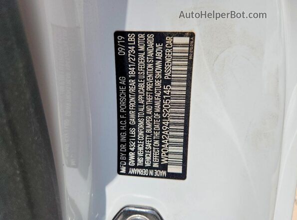 WP0AA2A94LS205145 2020 PORSCHE 911 White Вид підкапотного простору