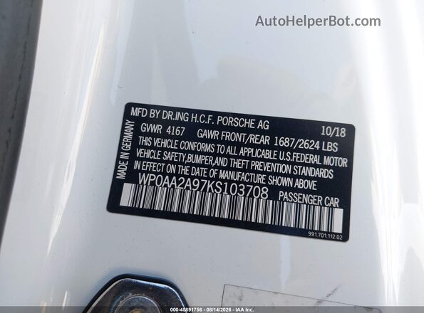 WP0AA2A97KS103708 2019 PORSCHE 911 White Vista del compartimento del motor