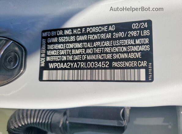 WP0AA2YA7RL003452 2024 PORSCHE PANAMERA White ძრავის განყოფილების ხედი