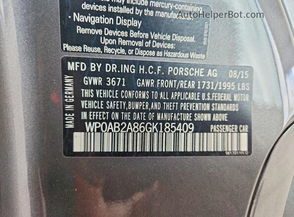 WP0AB2A86GK185409 2016 PORSCHE CAYMAN Gray Вид підкапотного простору