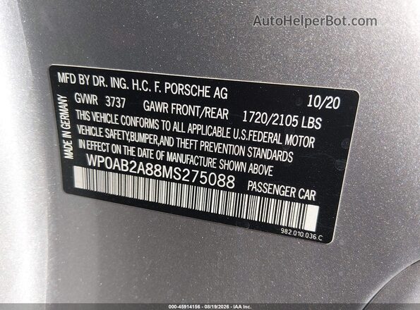 WP0AB2A88MS275088 2021 PORSCHE CAYMAN Gray Вид підкапотного простору