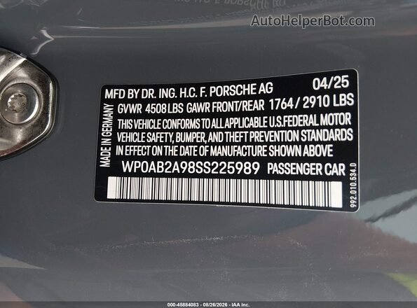 WP0AB2A98SS225989 2025 PORSCHE 911 Серый Вид подкапотного пространства