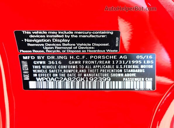 WP0AC2A82GK192399 2016 PORSCHE CAYMAN Red Vista de la etiqueta del VIN