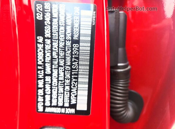 WP0AC2Y11LSA71398 2020 PORSCHE TAYCAN Красный Вид наклейки с VIN-кодом