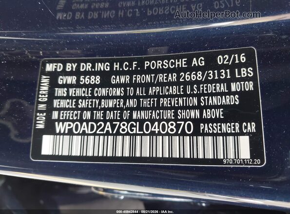 WP0AD2A78GL040870 2016 PORSCHE PANAMERA Dark Blue Widok komory silnika