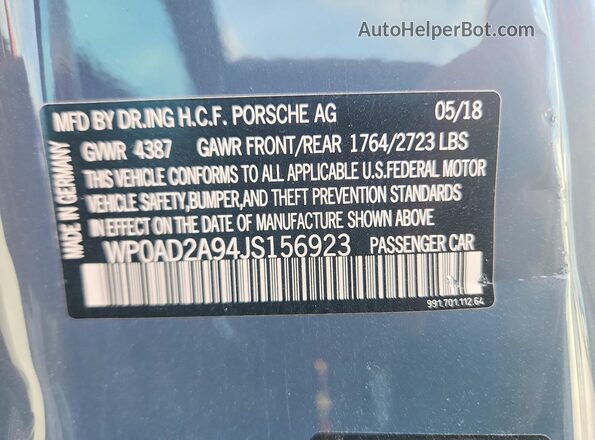 WP0AD2A94JS156923 2018 PORSCHE 911 Серый Вид наклейки с VIN-кодом