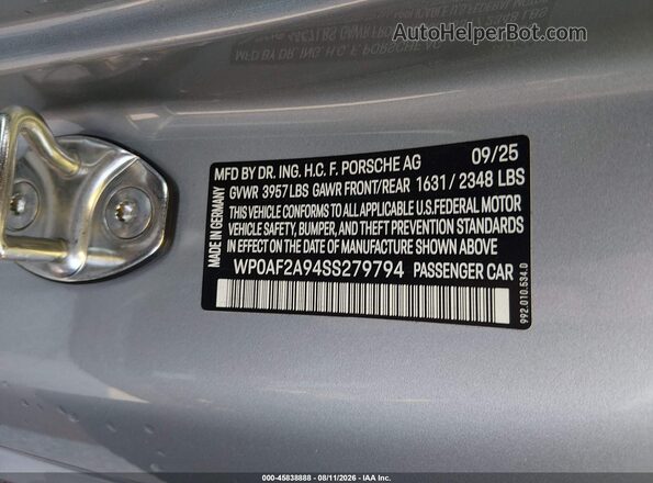 WP0AF2A94SS279794 2025 PORSCHE 911 Серебряный Вид подкапотного пространства