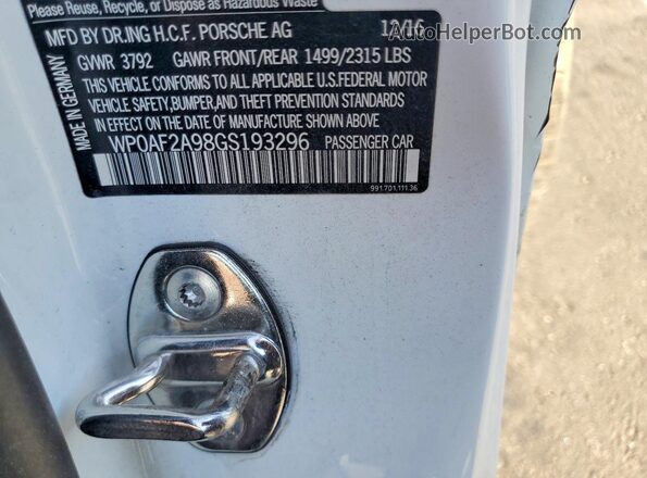 WP0AF2A98GS193296 2016 PORSCHE 911 Белый Вид подкапотного пространства
