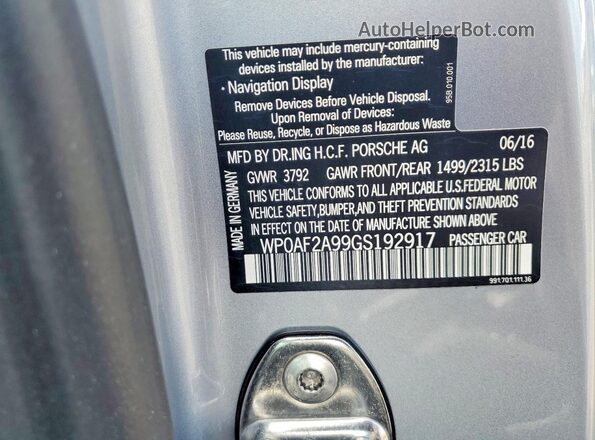 WP0AF2A99GS192917 2016 PORSCHE 911 Серебряный Вид подкапотного пространства