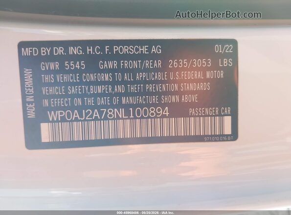 WP0AJ2A78NL100894 2022 PORSCHE PANAMERA Белый Вид подкапотного пространства