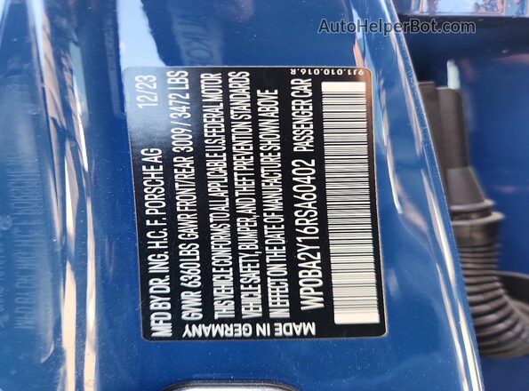 WP0BA2Y16RSA60402 2024 PORSCHE TAYCAN Blue VIN կոդի պիտակի տեսք