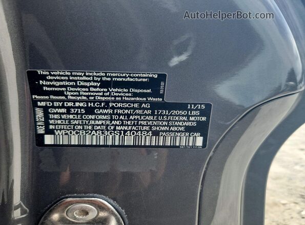 WP0CB2A83GS140484 2016 PORSCHE BOXSTER Charcoal Շարժիչի բաժամունքի տեսք