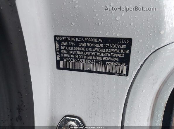 WP0CB2A83HS241171 2017 PORSCHE BOXSTER White Շարժիչի բաժամունքի տեսք