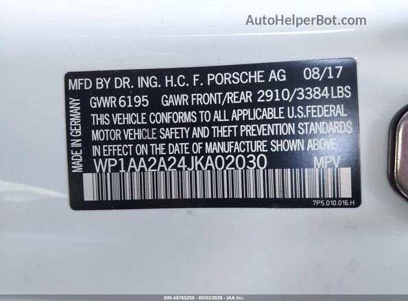 WP1AA2A24JKA02030 2018 PORSCHE CAYENNE Белый Вид подкапотного пространства