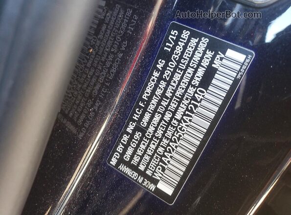 WP1AA2A25GKA12140 2016 PORSCHE CAYENNE Black Вид наклейки з VIN-кодом