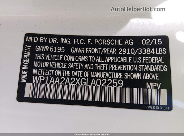 WP1AA2A2XGLA02259 2016 PORSCHE CAYENNE White Շարժիչի բաժամունքի տեսք