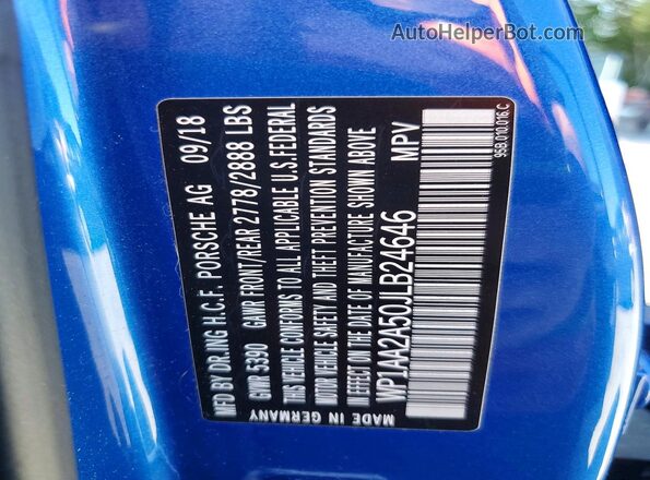 WP1AA2A50JLB24646 2018 PORSCHE MACAN Blue VIN კოდის სტიკერის ხედი