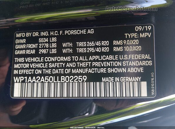 WP1AA2A50LLB02259 2020 PORSCHE MACAN Black Engine compartment view