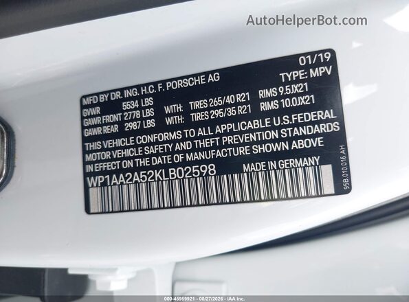 WP1AA2A52KLB02598 2019 PORSCHE MACAN White Vista del compartimento del motor