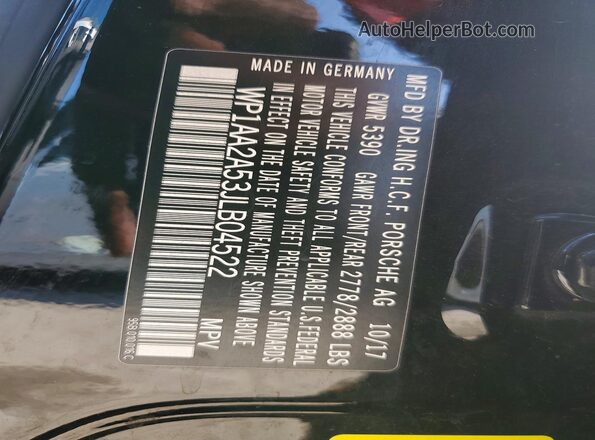 WP1AA2A53JLB04522 2018 PORSCHE MACAN Black Widok naklejki z numerem VIN