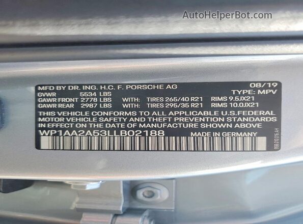 WP1AA2A53LLB02188 2020 PORSCHE MACAN Silver VIN კოდის სტიკერის ხედი