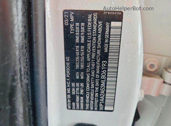 WP1AA2A53MLB06193 2021 PORSCHE MACAN White VIN sticker view