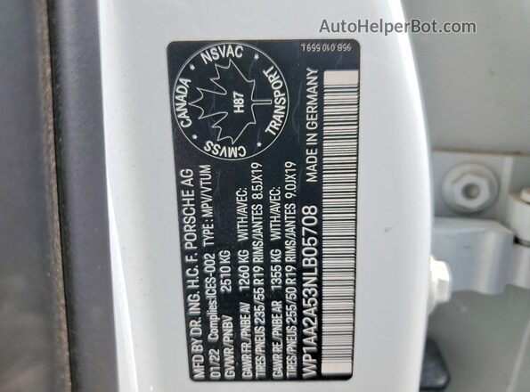 WP1AA2A53NLB05708 2022 PORSCHE MACAN White VIN კოდის სტიკერის ხედი
