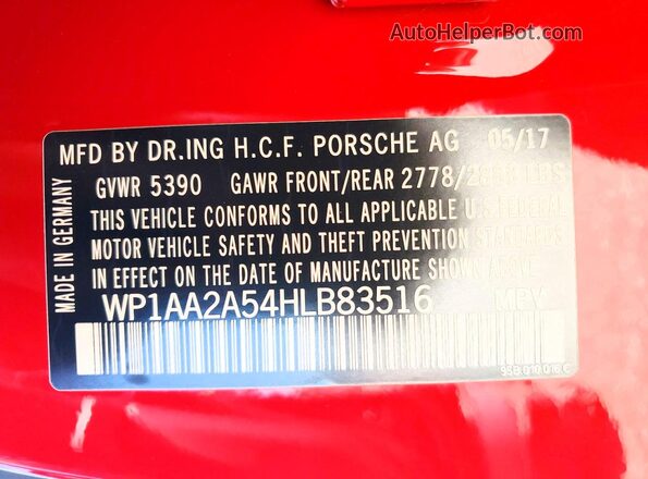 WP1AA2A54HLB83516 2017 PORSCHE MACAN Красный Вид наклейки с VIN-кодом