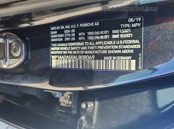 WP1AA2A55KLB08069 2019 PORSCHE MACAN Gray Vista de la etiqueta del VIN