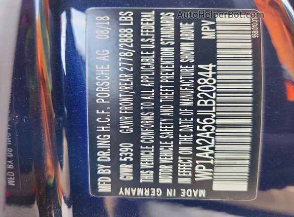 WP1AA2A56JLB20844 2018 PORSCHE MACAN Blue VIN կոդի պիտակի տեսք
