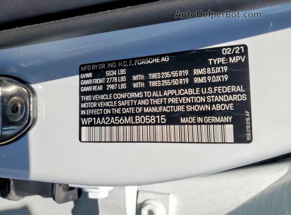 WP1AA2A56MLB05815 2021 PORSCHE MACAN White VIN կոդի պիտակի տեսք