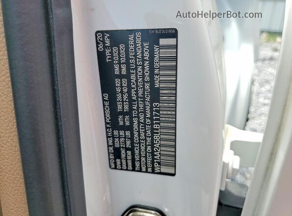 WP1AA2A58LLB11713 2020 PORSCHE MACAN Белый Вид наклейки с VIN-кодом